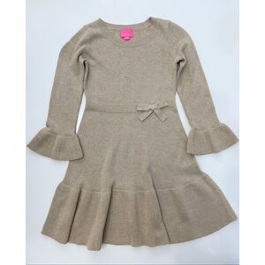 Lilly Pulitzer Girls Gold Metallic Holiday Amara Pullover Sweater Dress Bow M